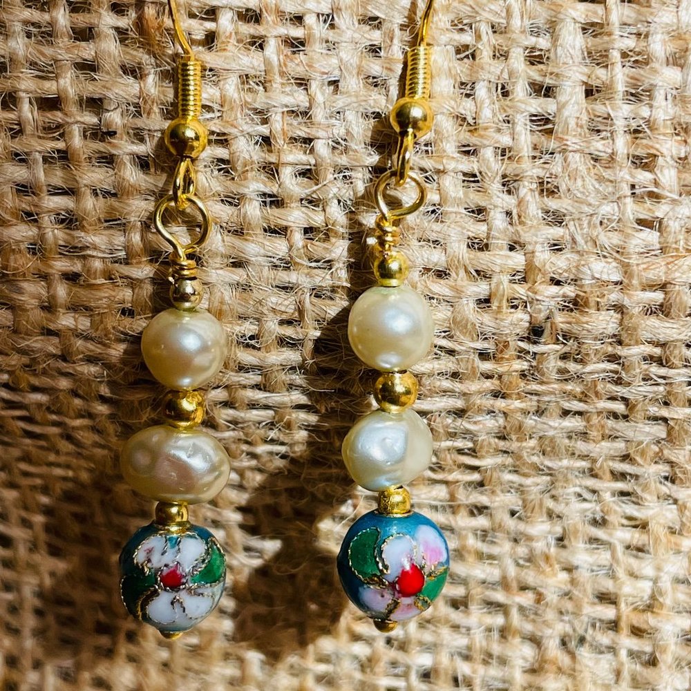 Freshwater Pearl Cloisonne Beaded Artisan Drop Pierced Earrings 2” NWOT